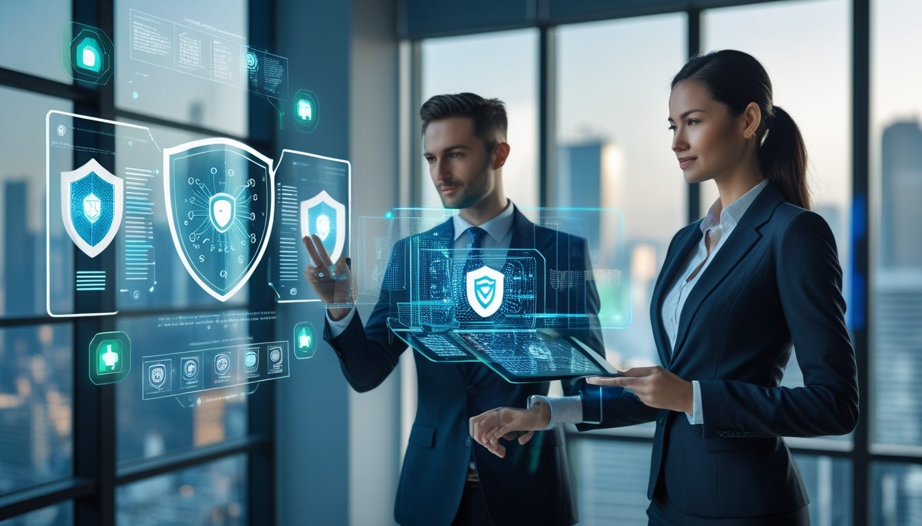 Two business professionals interacting with digital holographic interfaces representing AI and cybersecurity in a modern office.