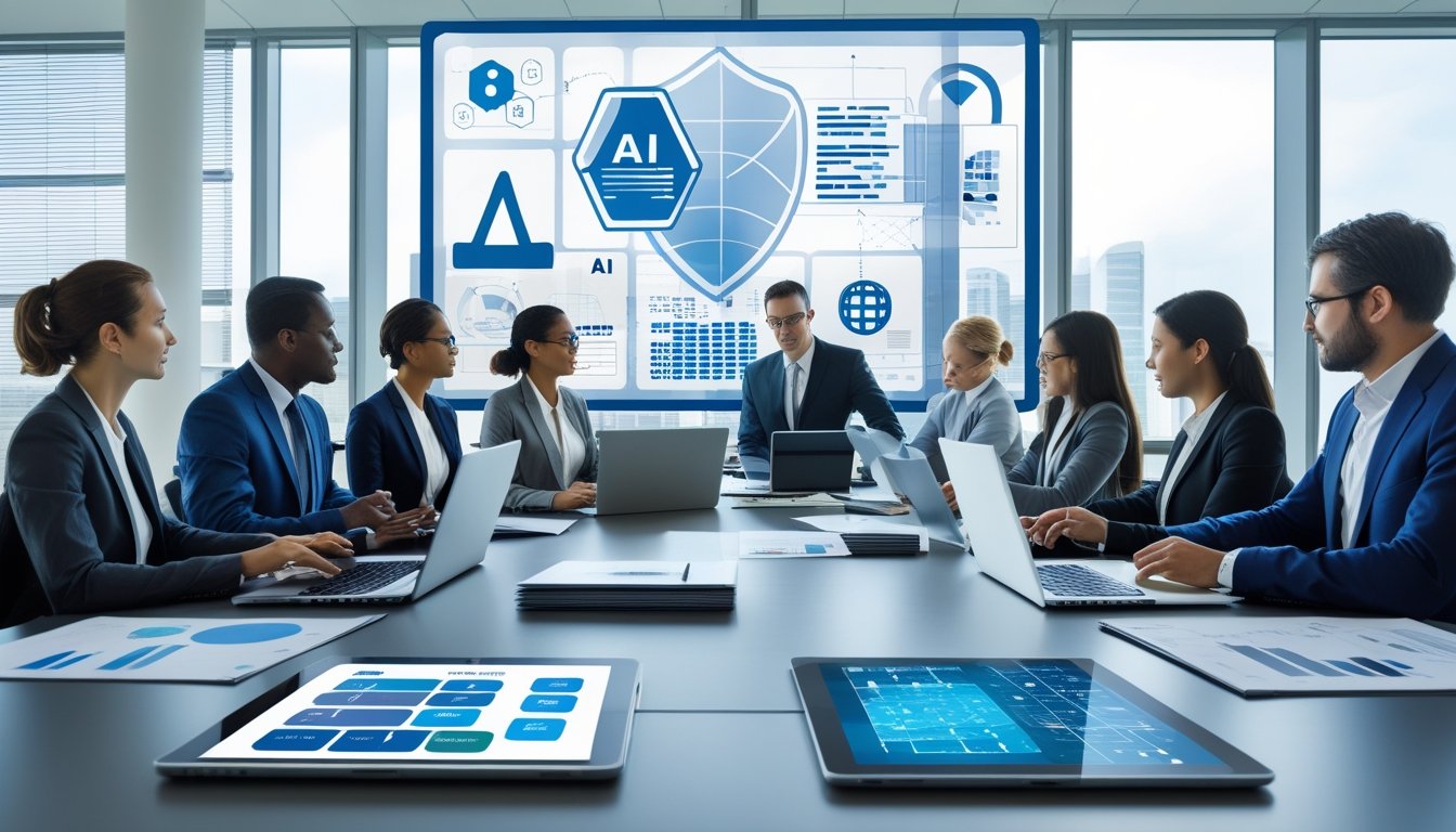 A group of professionals in a meeting room discussing AI and data privacy with laptops, documents, and a digital screen showing related icons.