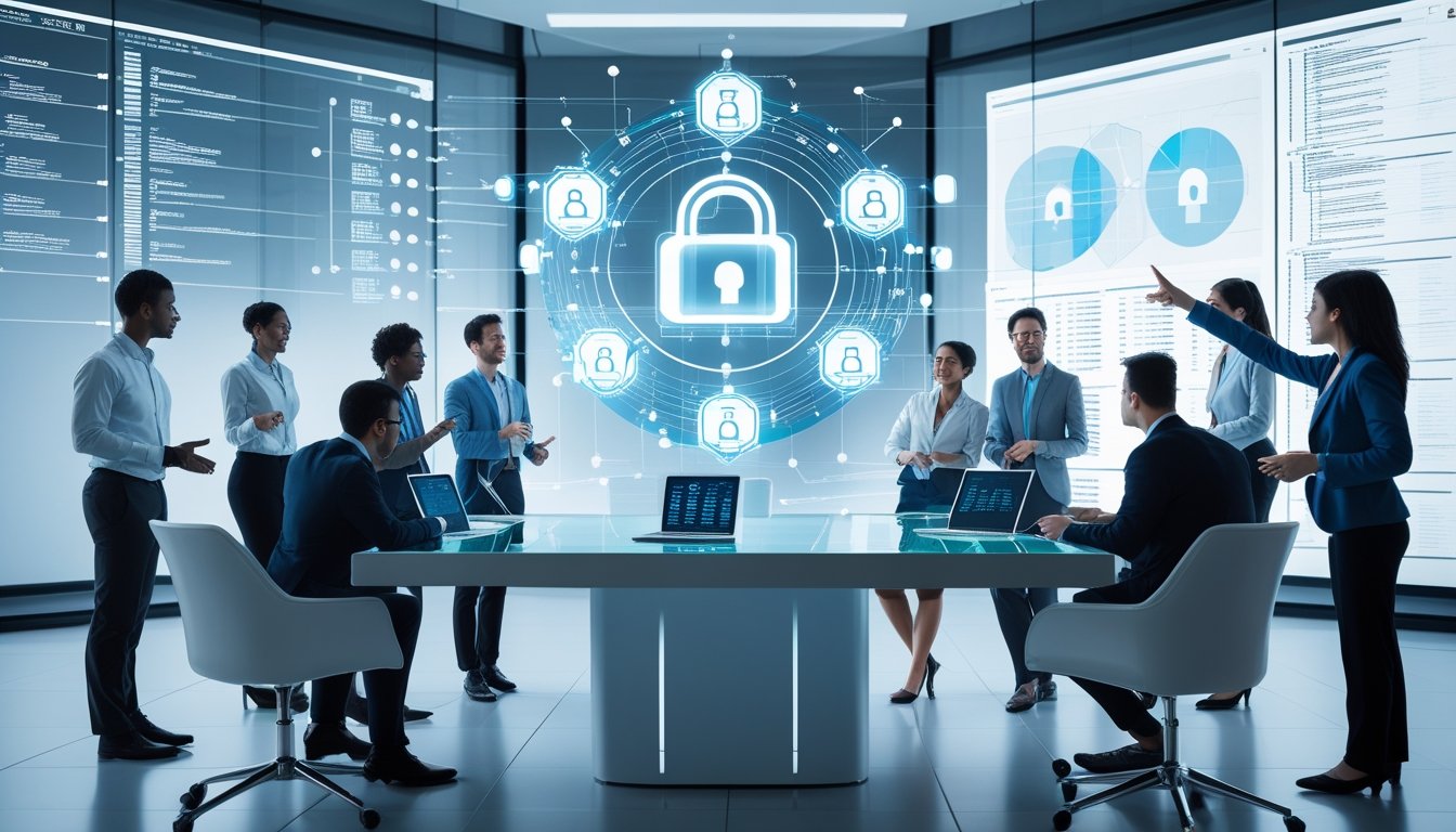 A group of professionals collaborating around a table with digital holograms showing data privacy and AI network visuals in a modern office.