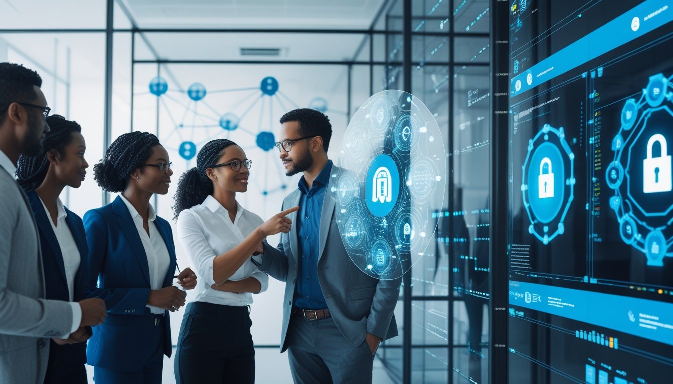 A diverse group of professionals working together in a modern office with digital screens showing AI data and privacy symbols.