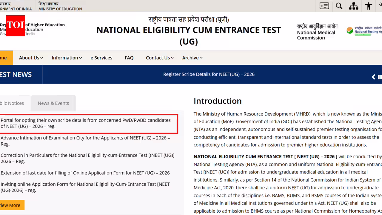 NEET UG 2026: NTA opens portal for PwBD candidates to submit scribe details; check deadline here