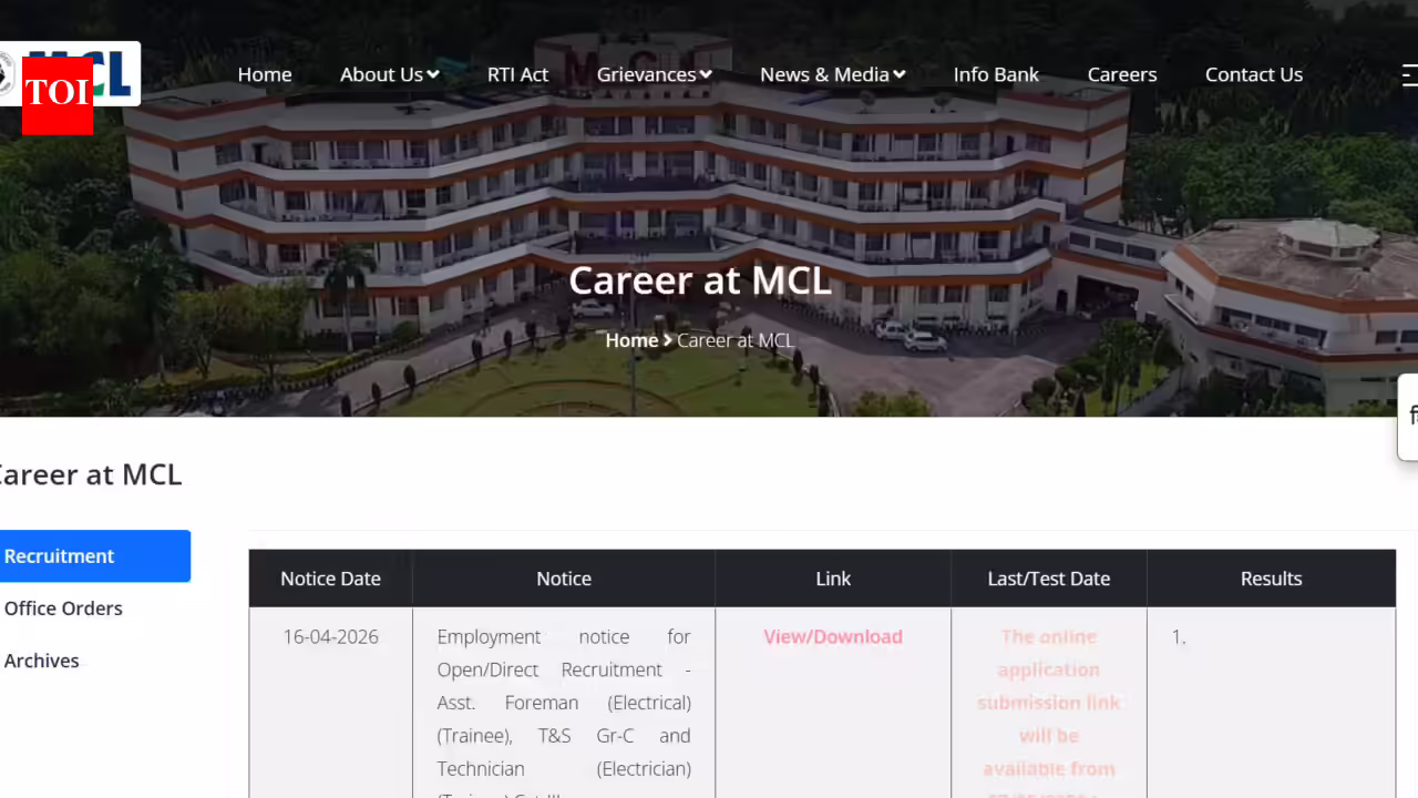 MCL Foreman, Technician recruitment 2026: Notification released for 500 posts; registration begins on this date