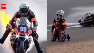 Alessandro Delbianco drops to knees in shock after motorbike catches fire during 24 Hours of Le Mans | International Sports News