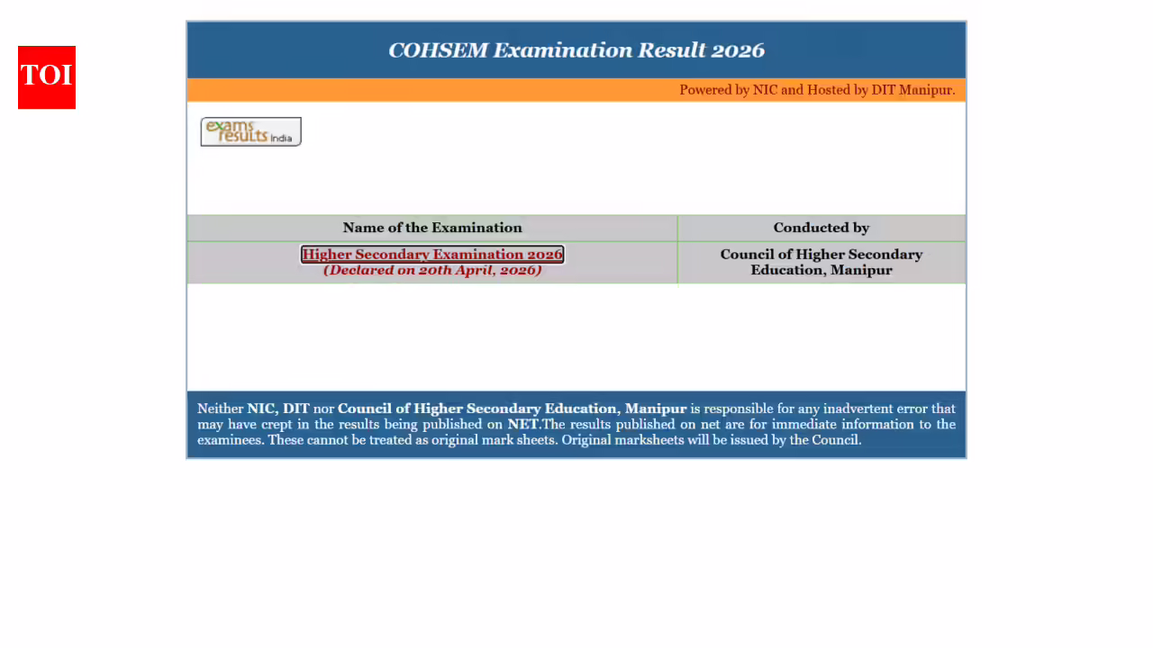 Cohsem Exam Result 2026: Manipur Board HSE result 2026: Is the website down? Check direct link to download Class 12 scores here