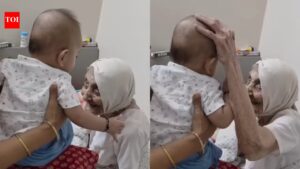Great-Grandmother And Grandchild Interaction: Cute interaction between104-year-old great-grandmother and her 4-month-old great-grandson: What is the little baby trying to convey?