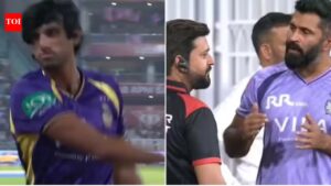 ‘Obstructing the field’ drama: KKR coach Abhishek Nayar confronts fourth umpire after Angkrish Raghuvanshi’s dismissal- Watch | cricket news