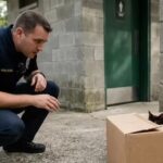Officer notices strange movement in a cardboard box near public restroom and calls for help.