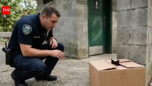 Officer notices strange movement in a cardboard box near public restroom and calls for help.