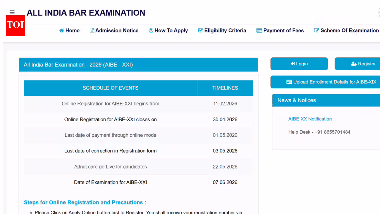 AIBE 21 registration 2026 ends today at allindiabarexamination.com: Check direct link to apply and key details here