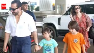 PICS: Kareena Kapoor and Saif Ali Khan’s airport look with Taimur, Jeh turns heads | Hindi Movie News