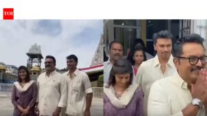 Varalaxmi Sarathkumar visits Tirumala Temple with father Sarathkumar, offers prayers.
