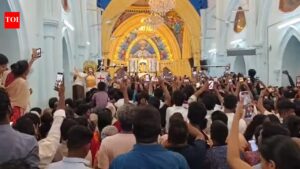 TVK chief Vijay supporters chant slogans inside church in Velankanni. Trichy News