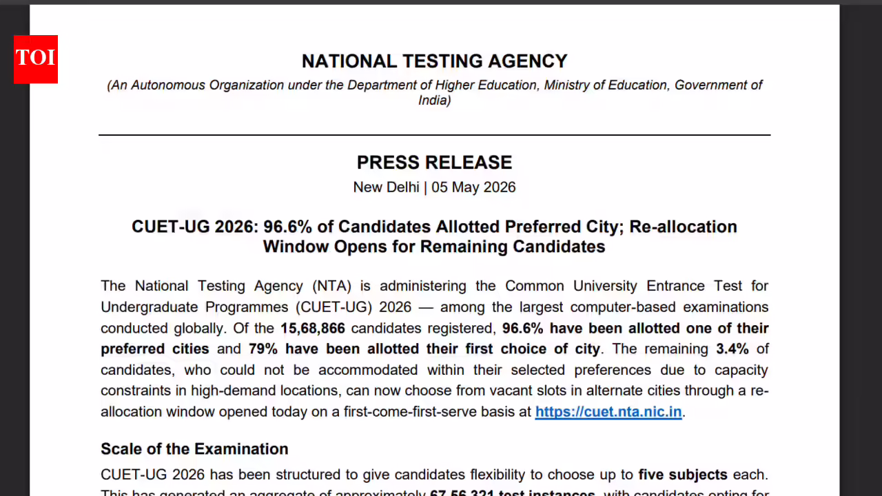 CUET UG 2026: NTA reopens city allocation window for unaccommodated candidates; check details here