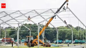 Kolkata: Brigade takes rain cover for new cabinet swearing-in. India News