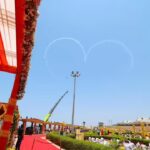 Prime Minister Narendra Modi witnesses IAF Suryakiran flypast at Somnath temple. Ahmedabad News