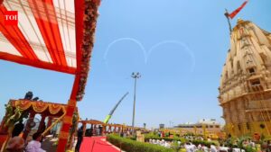 Prime Minister Narendra Modi witnesses IAF Suryakiran flypast at Somnath temple. Ahmedabad News